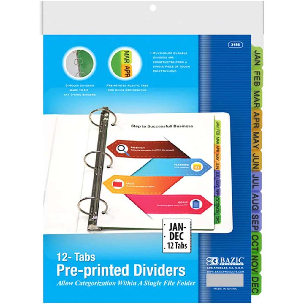 3 Ring Binder Dividers with 12 Preprinted Jan to Dec Tab 