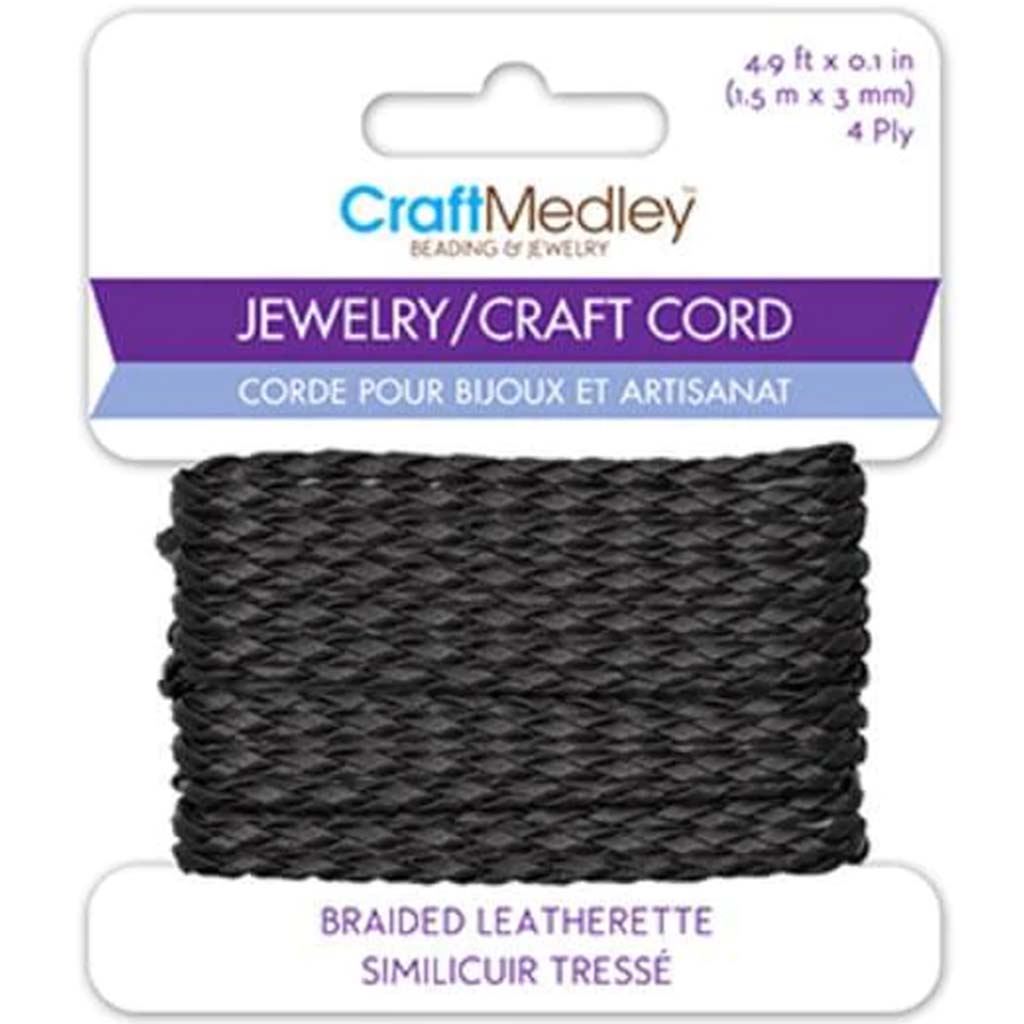 Jewelry/Craft Cord Braided Leatherette Cord 3mm (4-Ply) 1.5m Black 