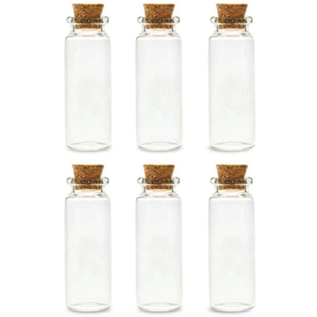 GLASS BOTTLES: MINI CONTAINERS W/CORK LID X6 12ML 
