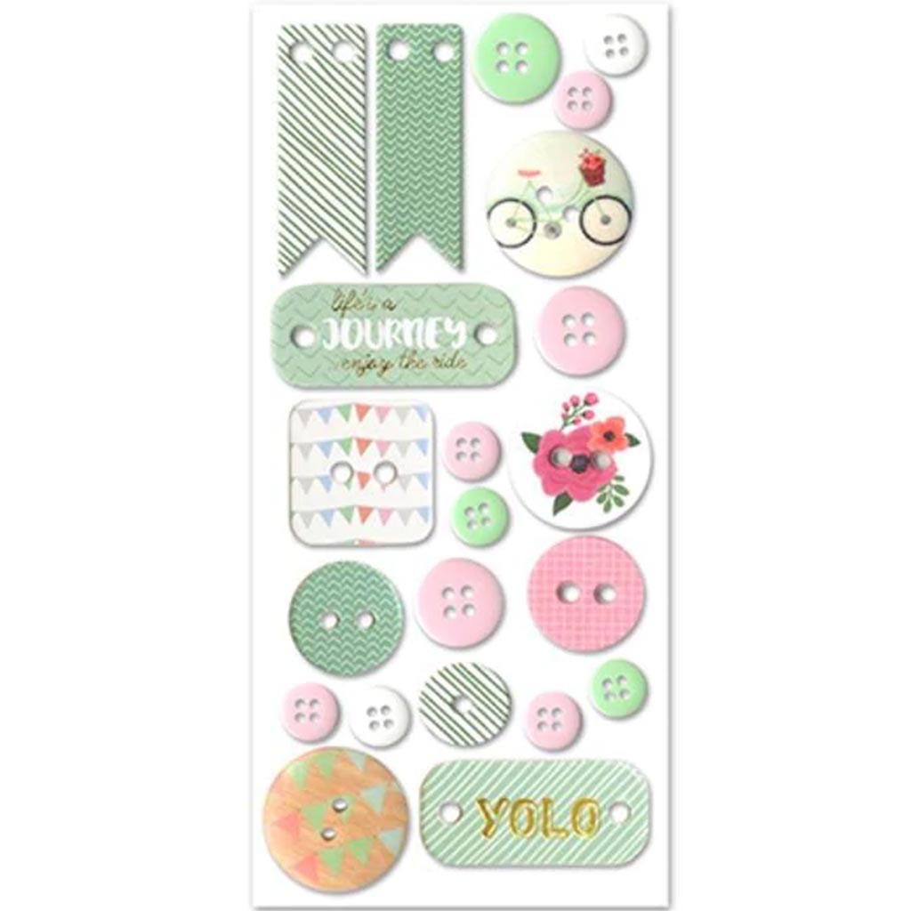 BUTTON EMBELLISHMENT:TAGS &amp; BU BUTTONS MED SELF-ADHE LYF JRNY 8X19.5 