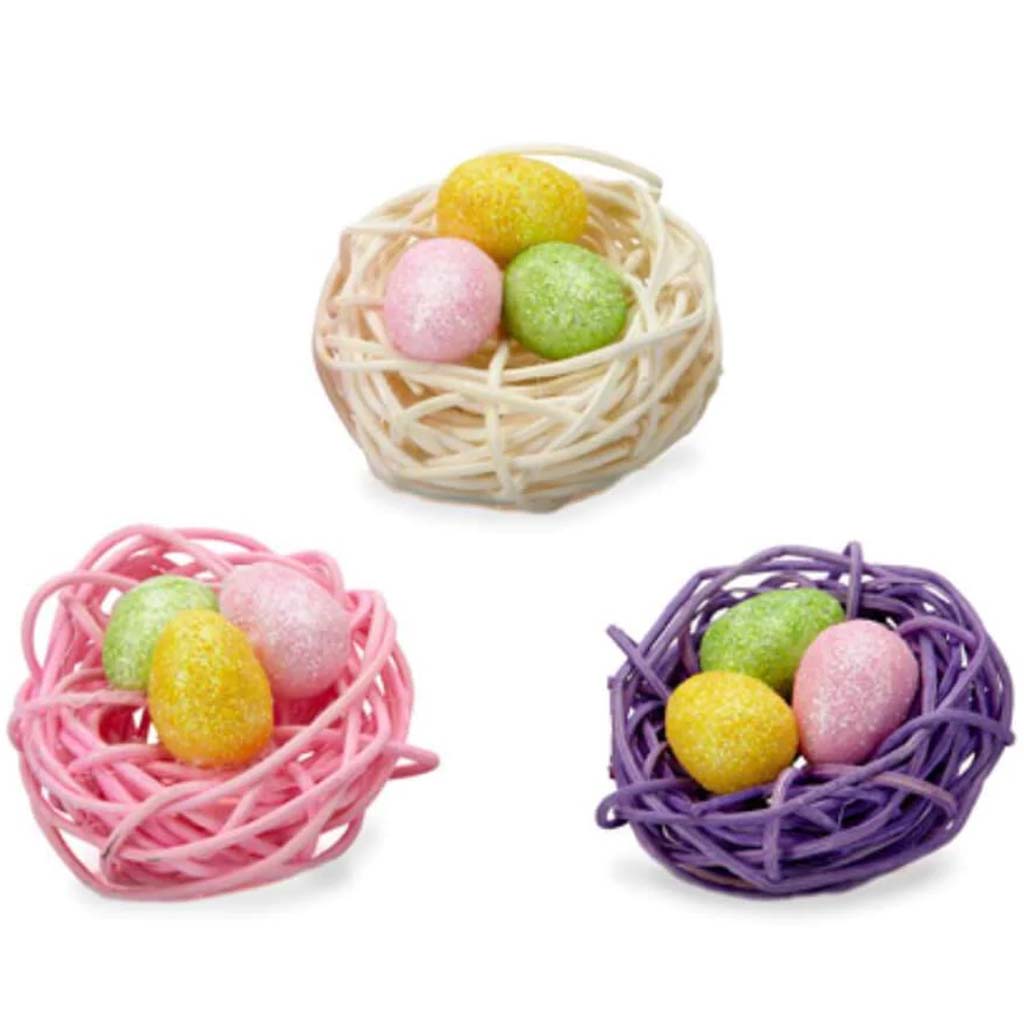 Glittered Foam Eggs in a Nest: 2 x 2 x 1.5 inches 