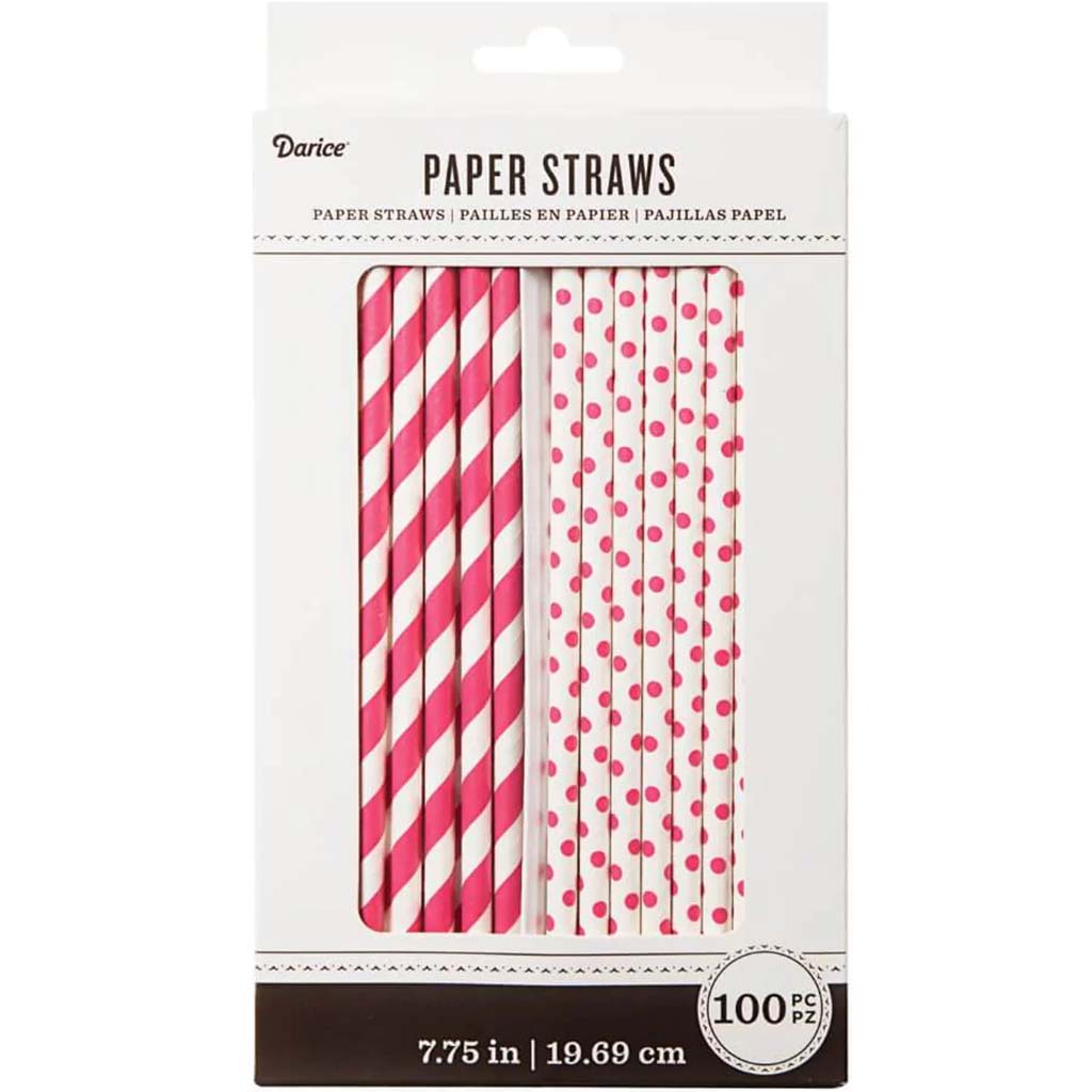 PAPER STRAWS HOT PINK 100PCS 