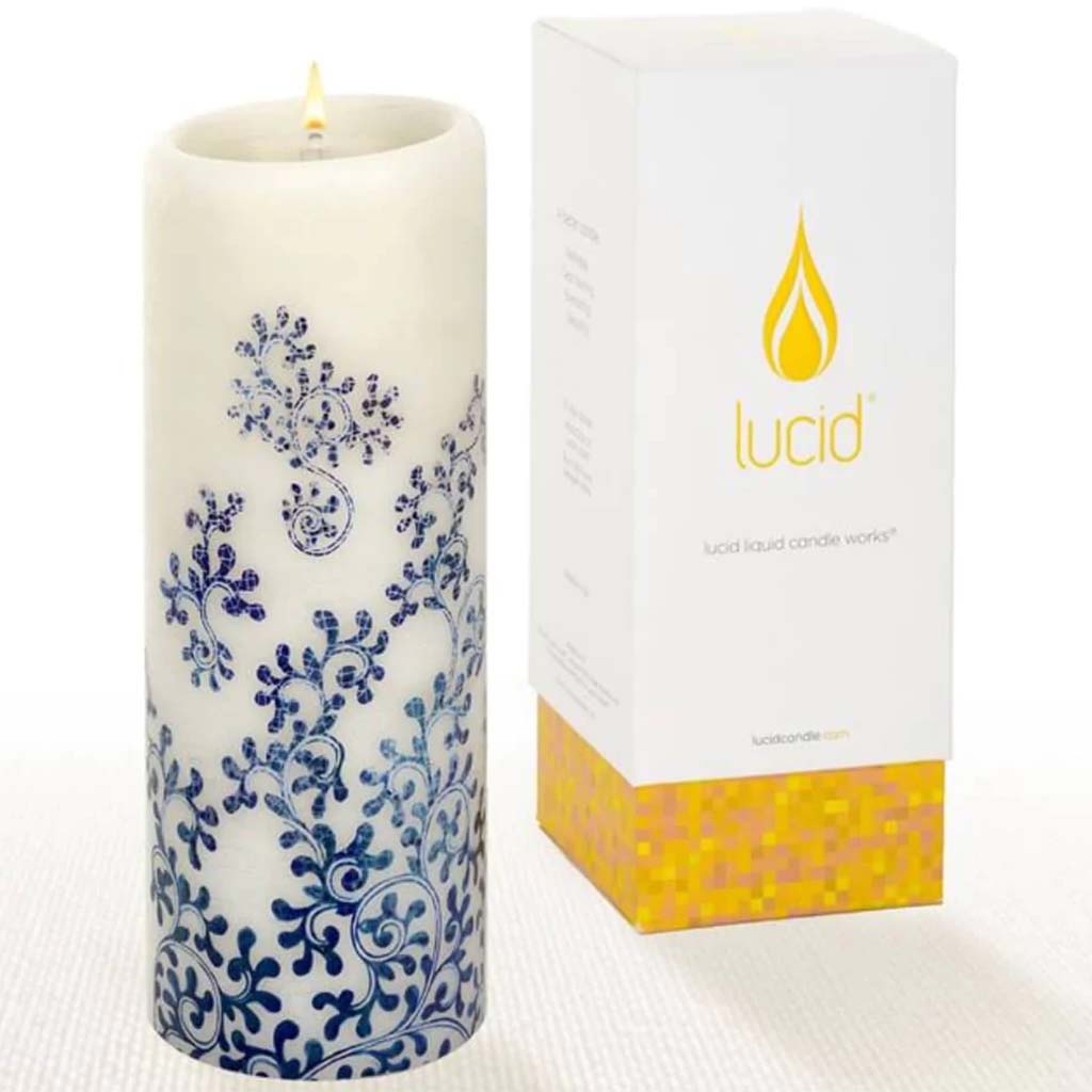 Pillar Candle Swirls Indigo on Natural 3in x 8in