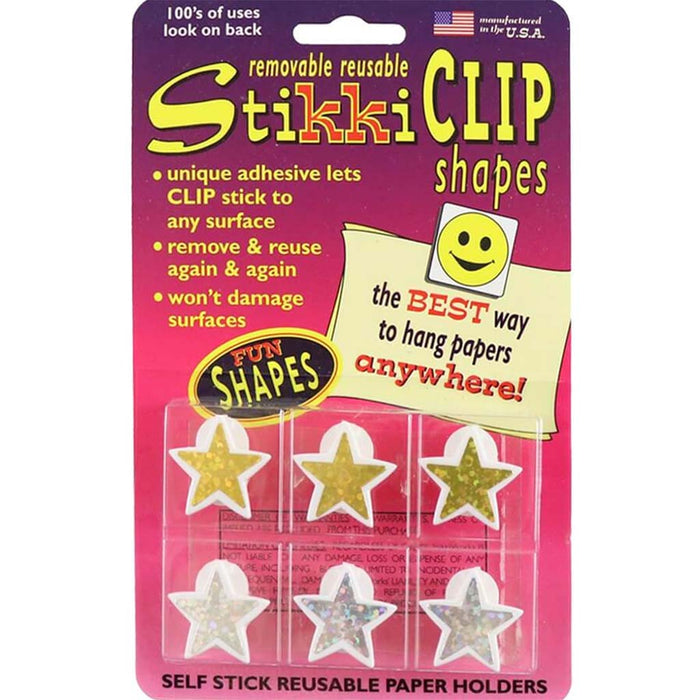 Stikki Clip Shapes 6pcs Per Pack Star Gold & Silver Sparkle 