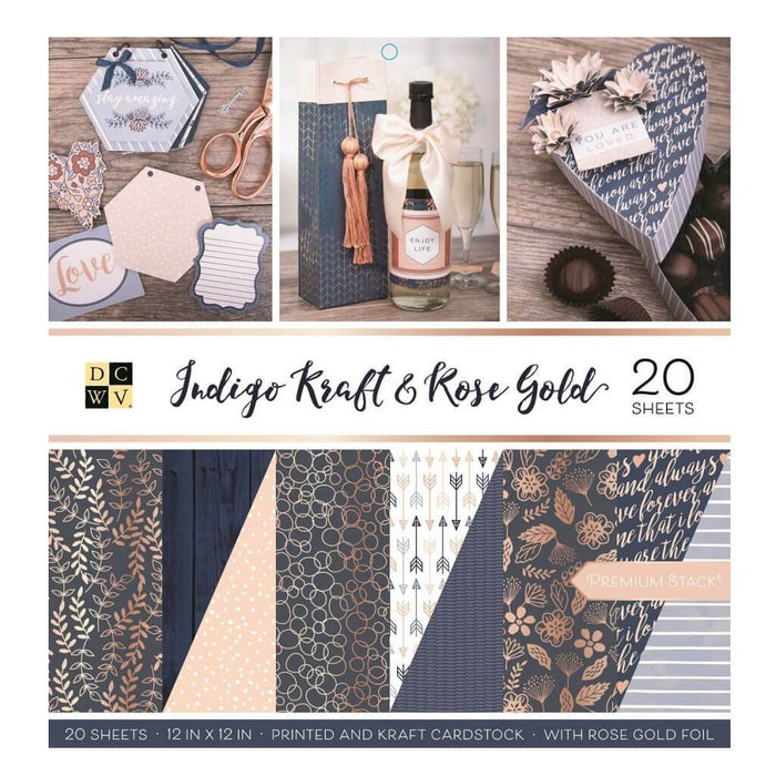 DCWV Double-Sided 12in x 12in Cardstock Stack 20 Sheets- Indigo Kraft & Rose Gold