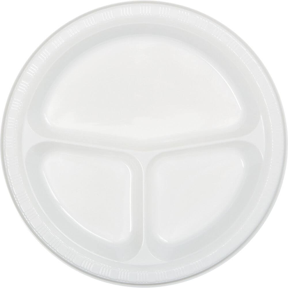 3 Compartment Plastic Plate 10in 20ct, White 