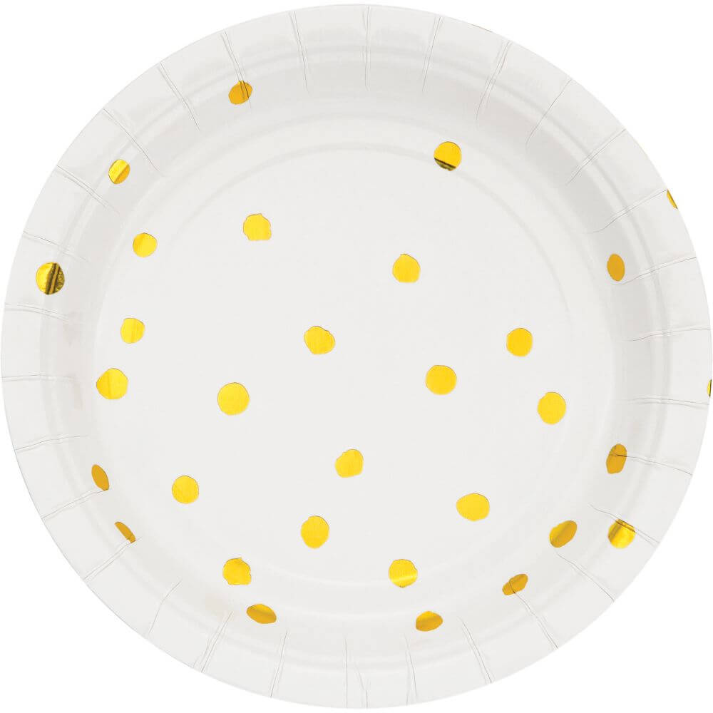 White &amp; Gold Dot Lunch Plate 7in 8ct 