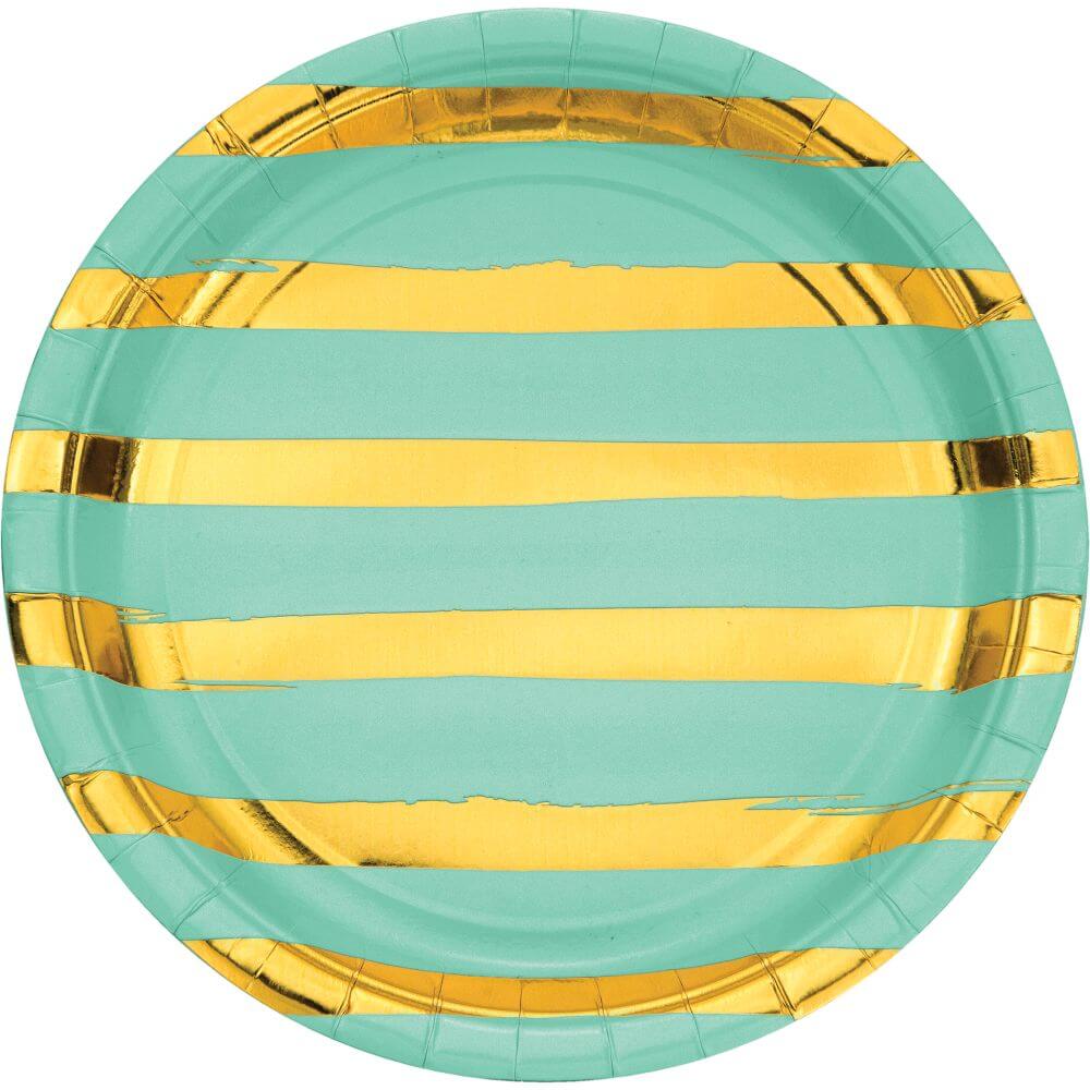 Fresh Mint Gold Foil Stripe, Dinner Plates 9in 8ct 