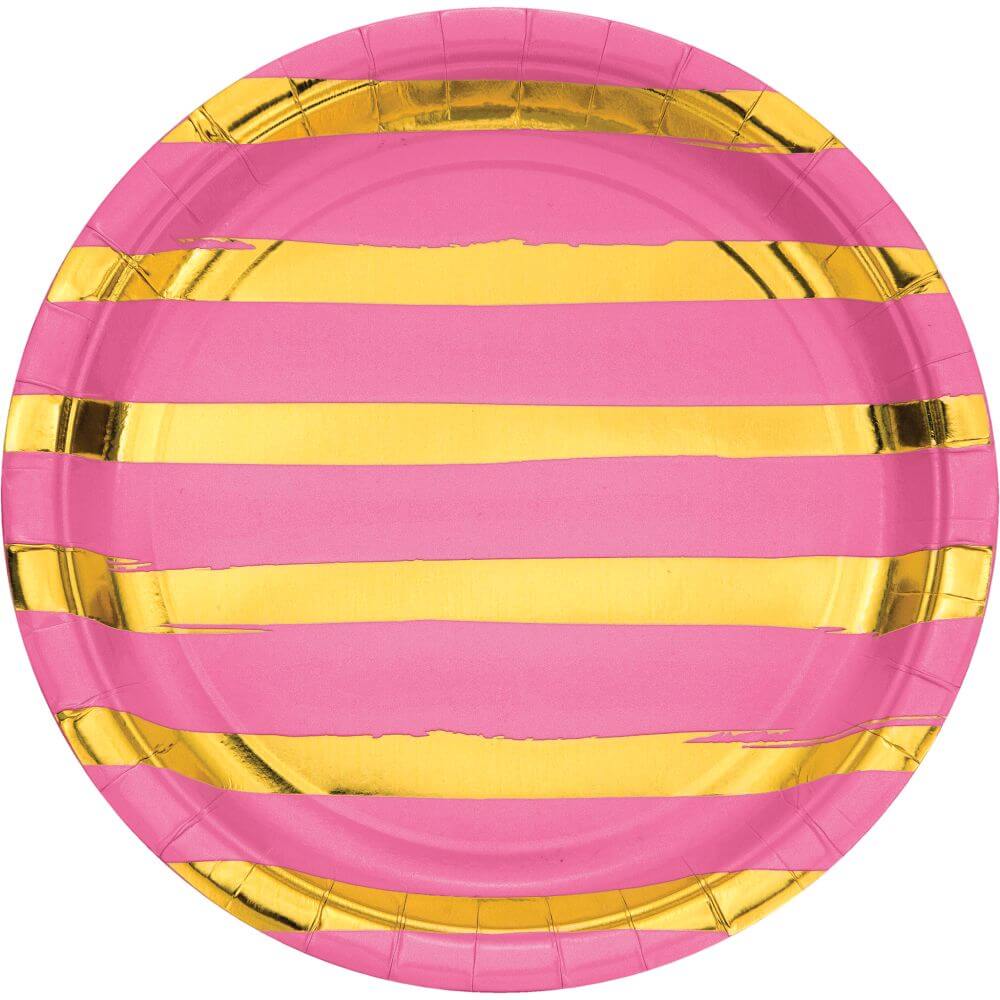 Foil Stripe Candy Pink, Dinner Plates 9in 8ct 