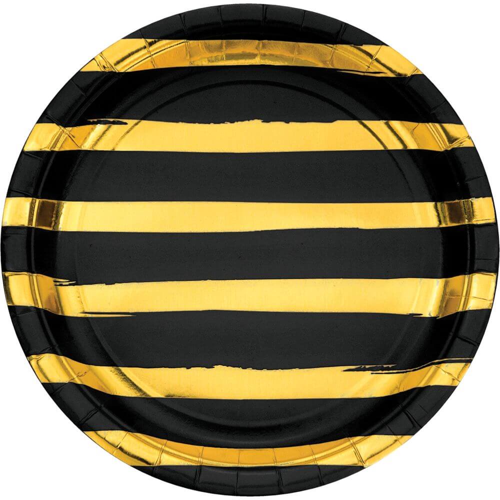 Gold Foil Strip Black Velvet, Dinner Plate 9in 8ct 