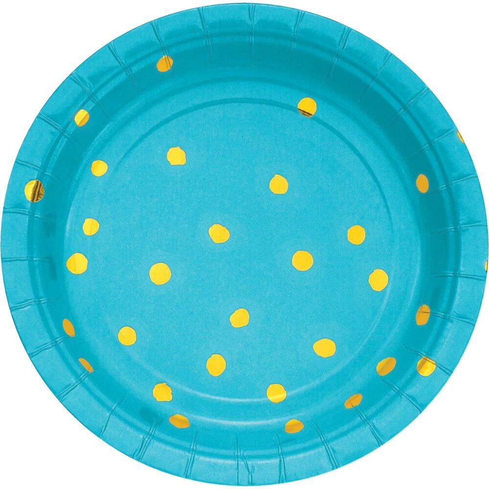 Lunch Plate 7in 8ct, Gold Foil Dots Bermuda Blue 