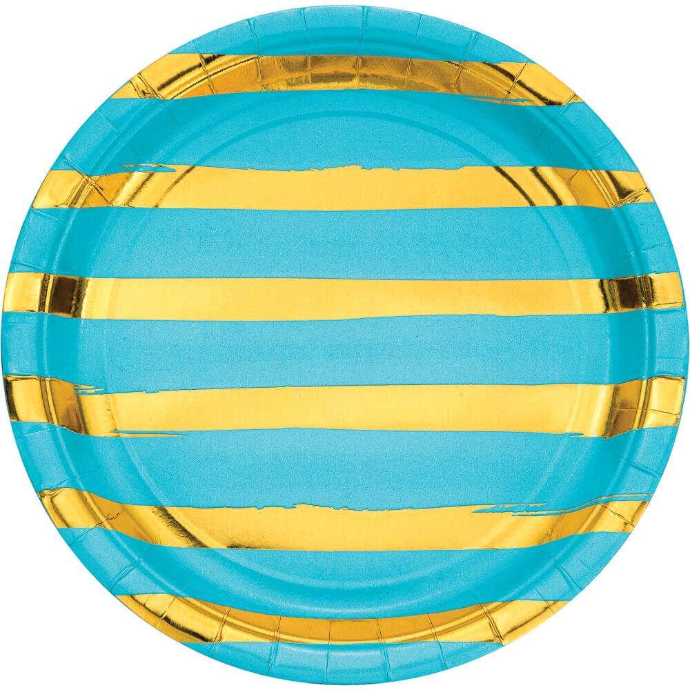 Gold Foil Stripe Bermuda Blue, Dinner Plate 9in 8ct 