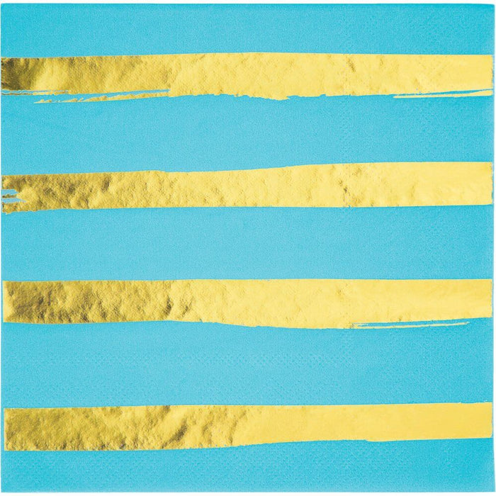 Foil Stripe Luncheon Napkin 3ply 16ct, Gold Bermuda Blue 