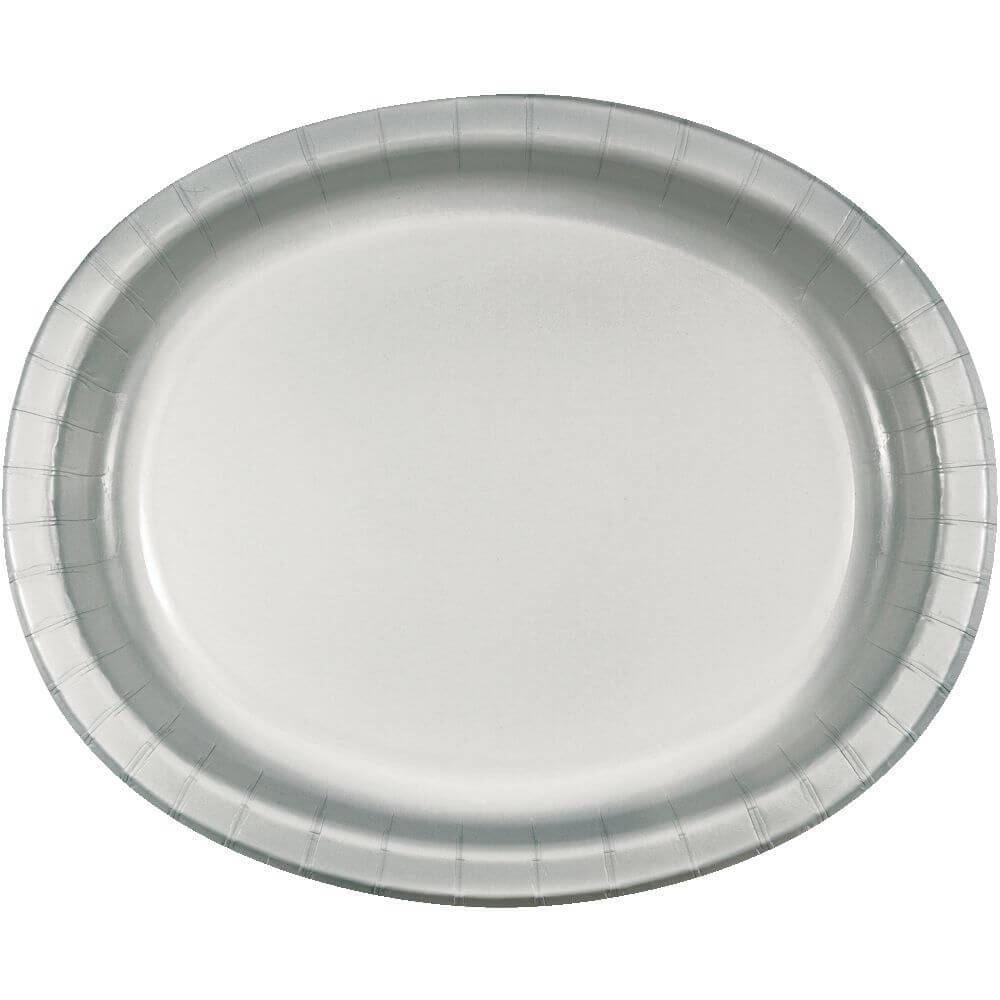 Shimmering Silver Oval Paper Platter 10in x 12in 8ct 