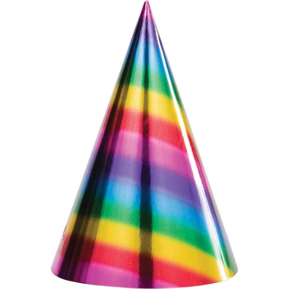 Rainbow Happy Birthday, Foil Cone Hat 8ct 