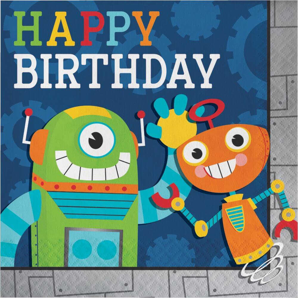 Party Robots Happy Birthday, Luncheon Napkin 2ply 16ct 