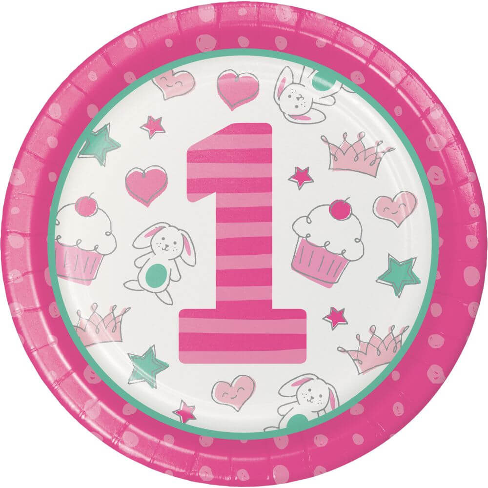 1st Birthday Girl Doodle, Dinner Plate 9in 8ct 