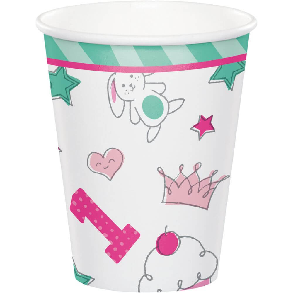 1st Birthday Girl Doodle, Paper Cup 9oz 8ct 