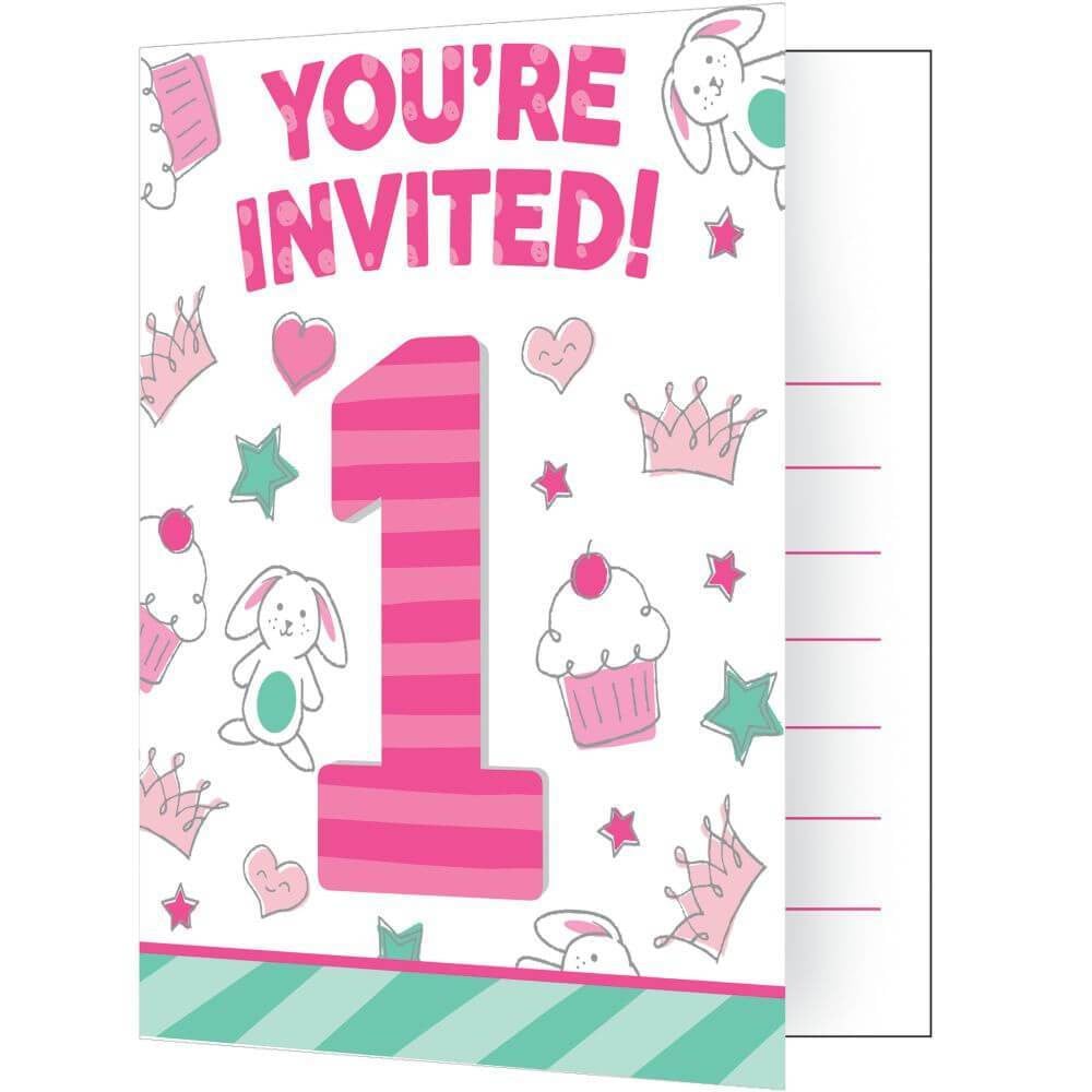 1st Birthday Girl Doodle, Invitation 8ct 