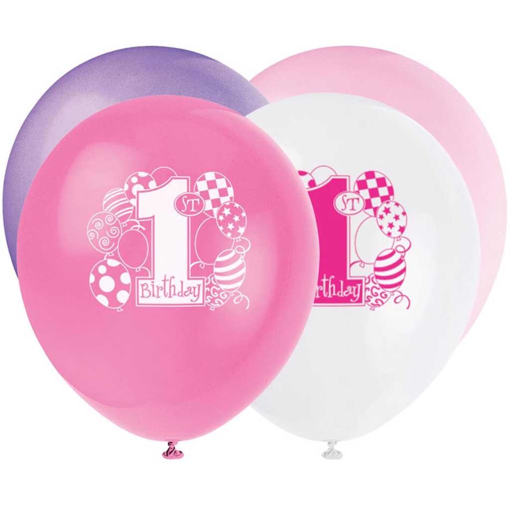 Latex Balloons 12in 8ct, First Birthday Pink Balloons 