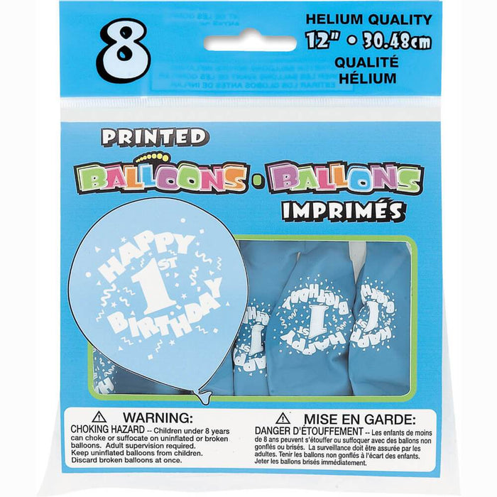 Latex Balloons 12in 8ct, Happy 1st Birthday Blue 