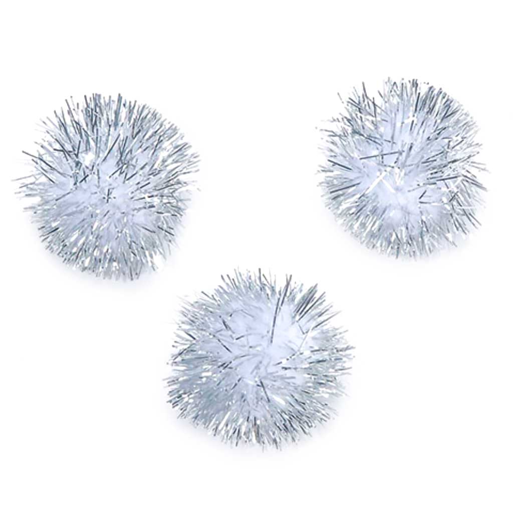 Tinsel Pom-Poms White &amp; Silver 1 inch 6 pieces 