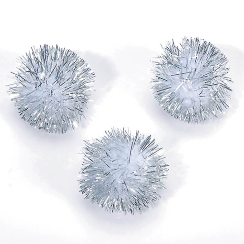 Tinsel Pom-Poms White &amp; Silver 1 inch 6 pieces