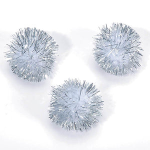 Tinsel Pom-Poms White & Silver 1 inch 6 pieces