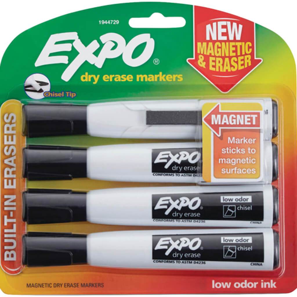Magnetic Dry Erase Chisel Marker With Eraser Black 4pcs