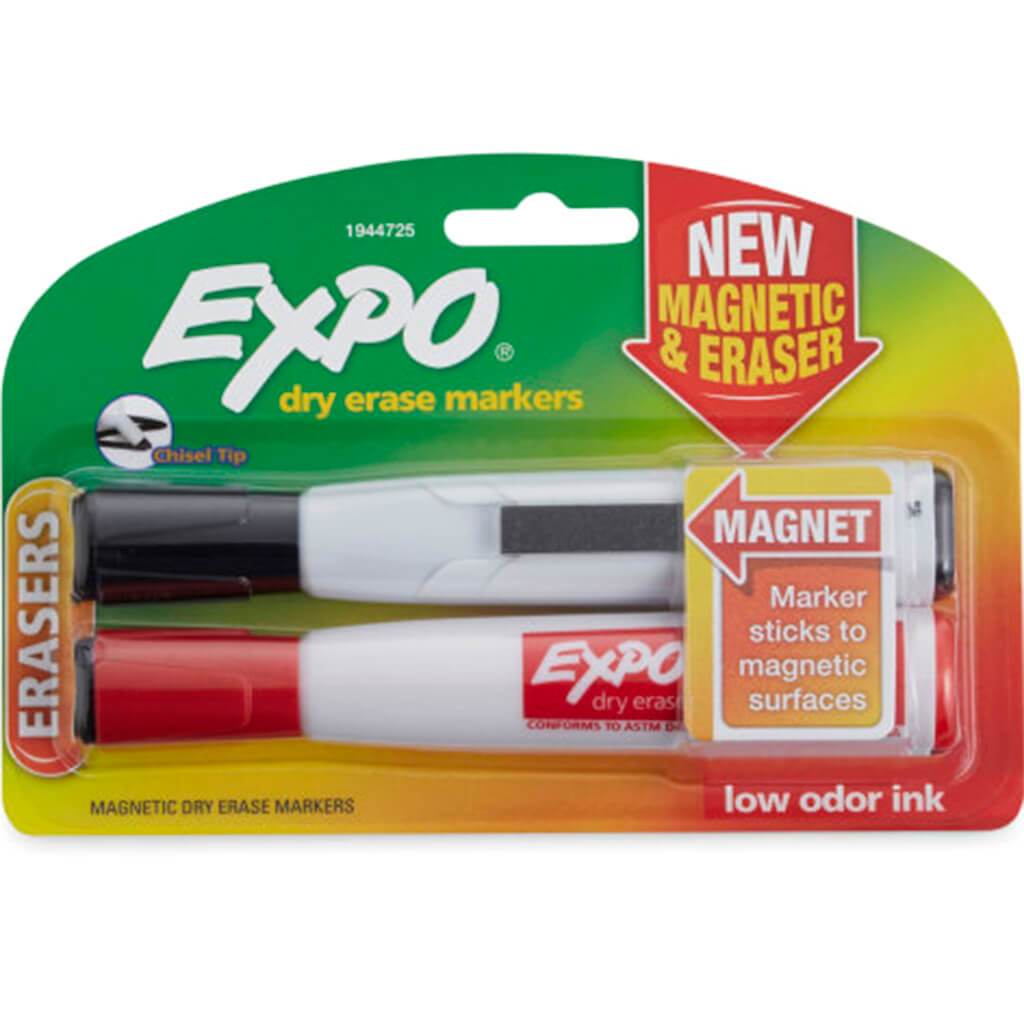 Magnetic Dry Erase Chisel Marker With Eraser Black and Red 2pcs