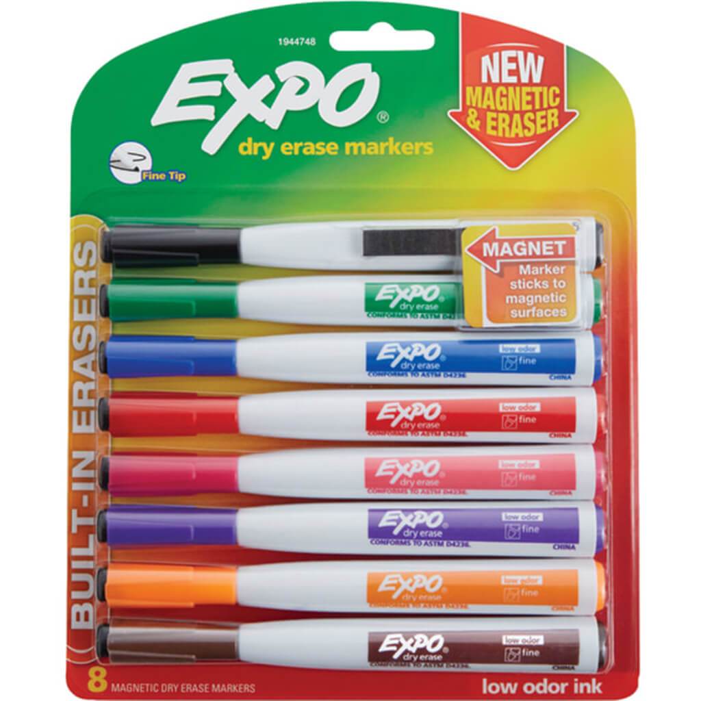 Magnetic Dry Erase Fine Marker With Eraser Fine Assorted Colors 8pcs