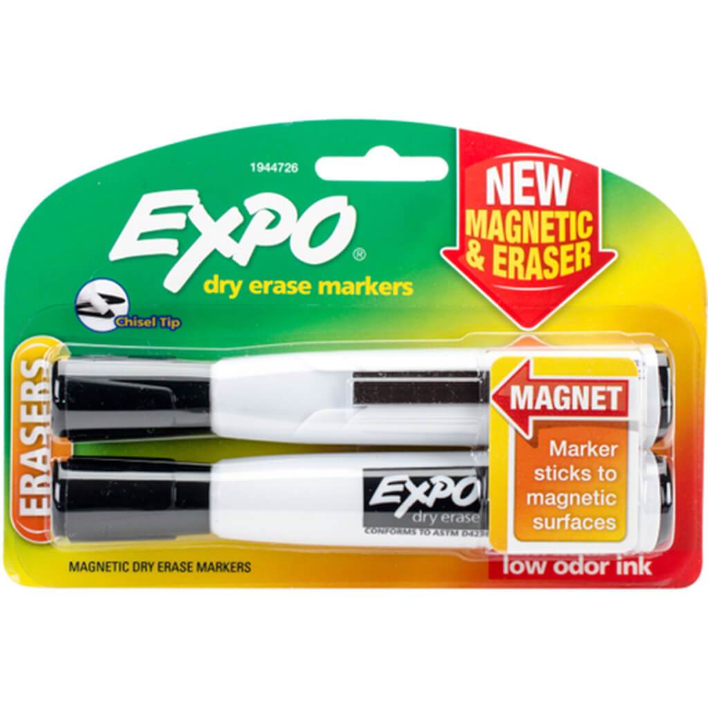 Magnetic Dry Erase Chisel Marker With Eraser Black 2pcs