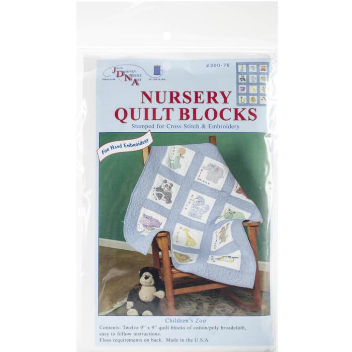 Jack Dempsey Stamped White Nursery Quilt Blocks 9in x 9in 12/Pkg Children's Zoo