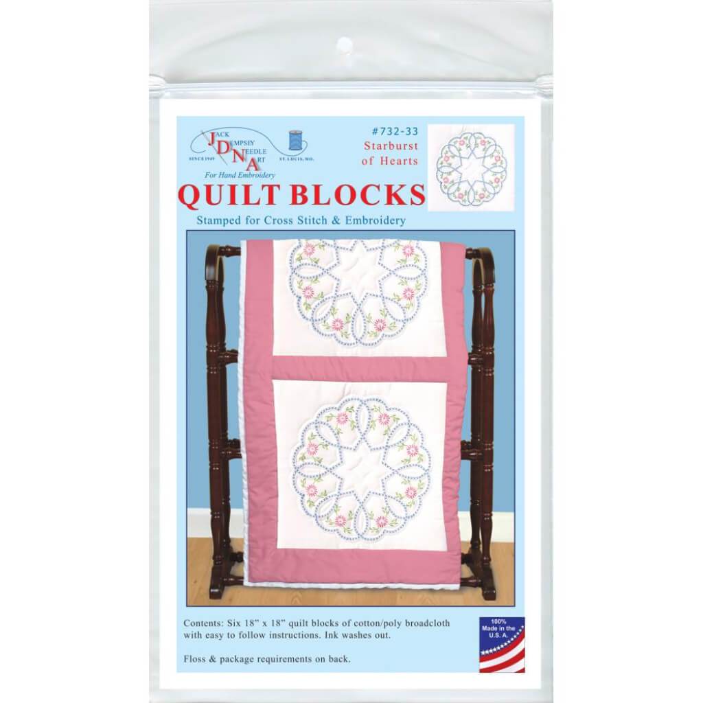 Jack Dempsey Stamped White Quilt Blocks 18in x 18in 6/Pkg Starburst Of Hearts