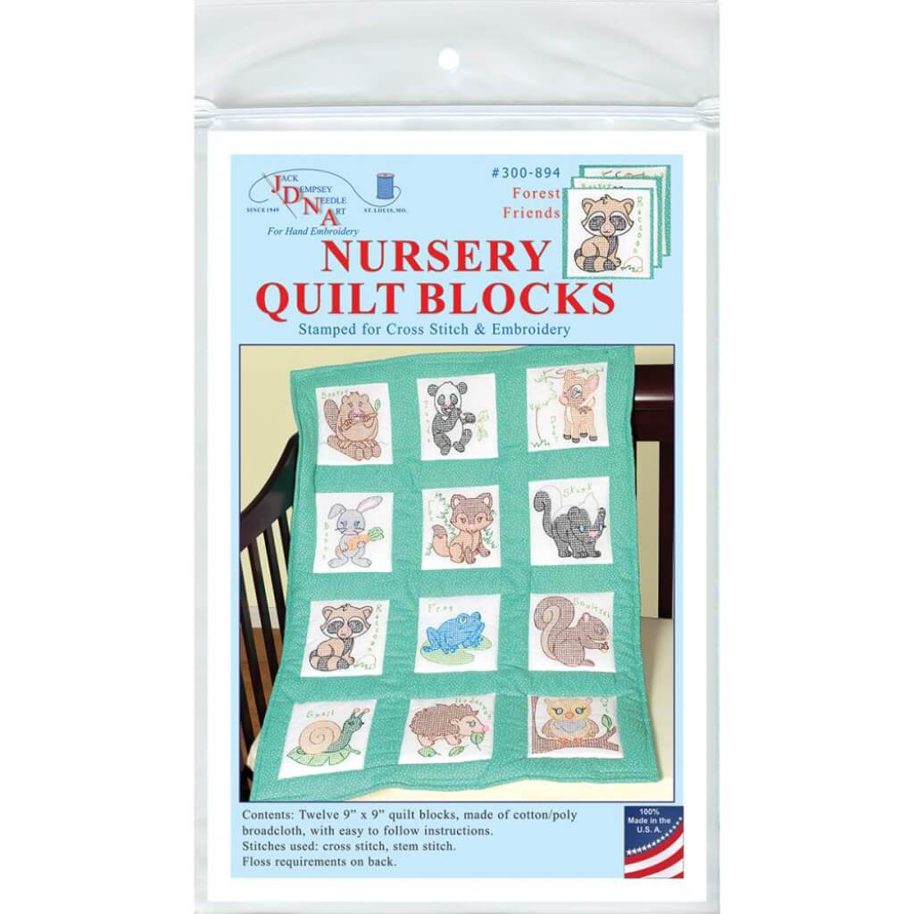 Jack Dempsey Stamped White Nursery Quilt Blocks 9in x 9in 12/Pkg Forest Friends