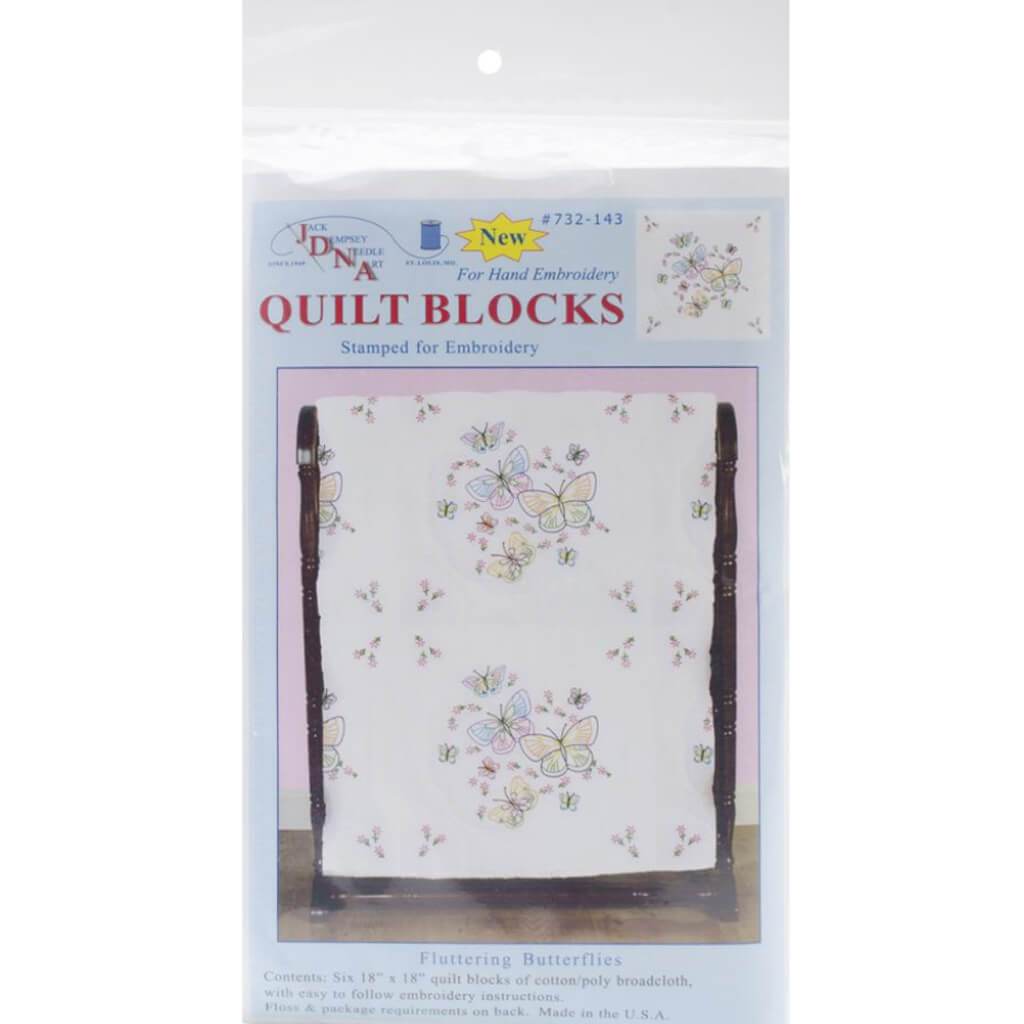 Jack Dempsey Stamped White Quilt Blocks 18in x 18in 6/Pkg Fluttering Butterflies