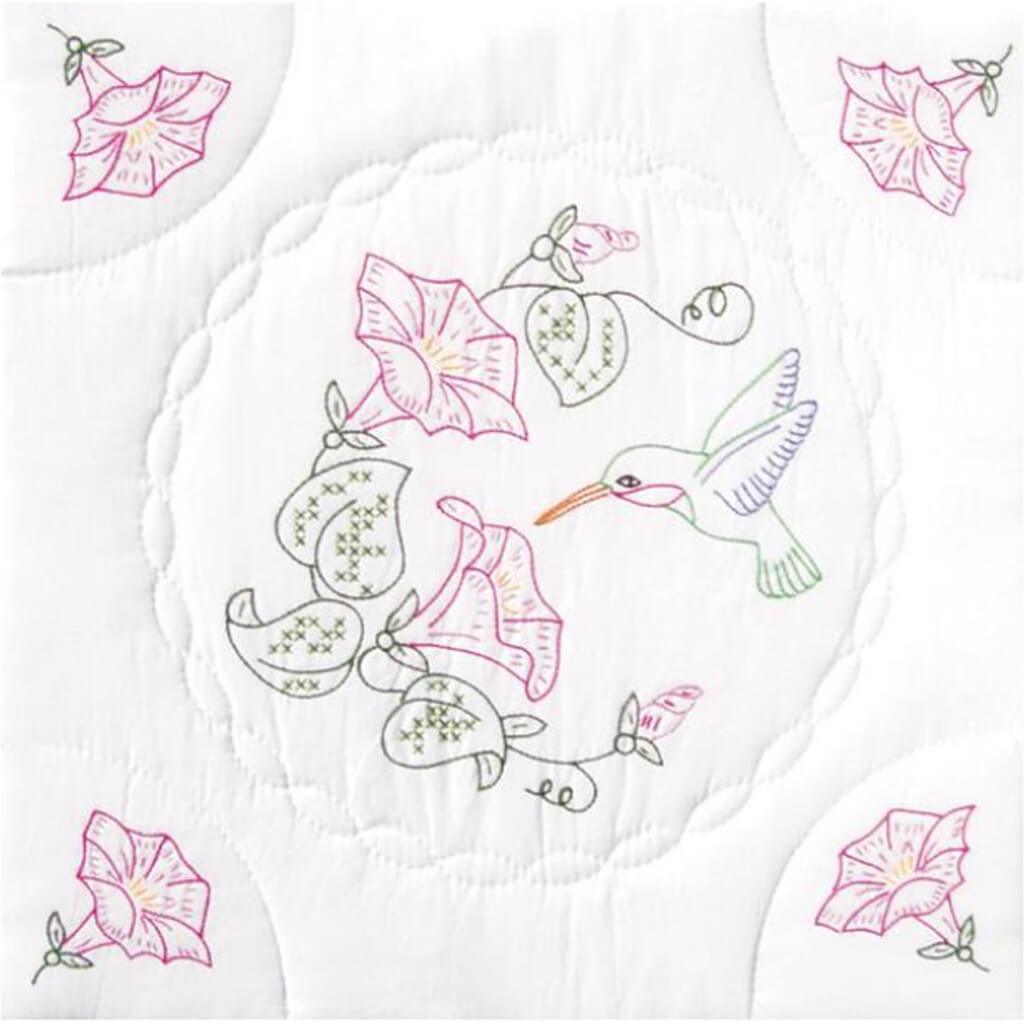Jack Dempsey Stamped White Quilt Blocks 18in x 18in 6/Pkg Hummingbird