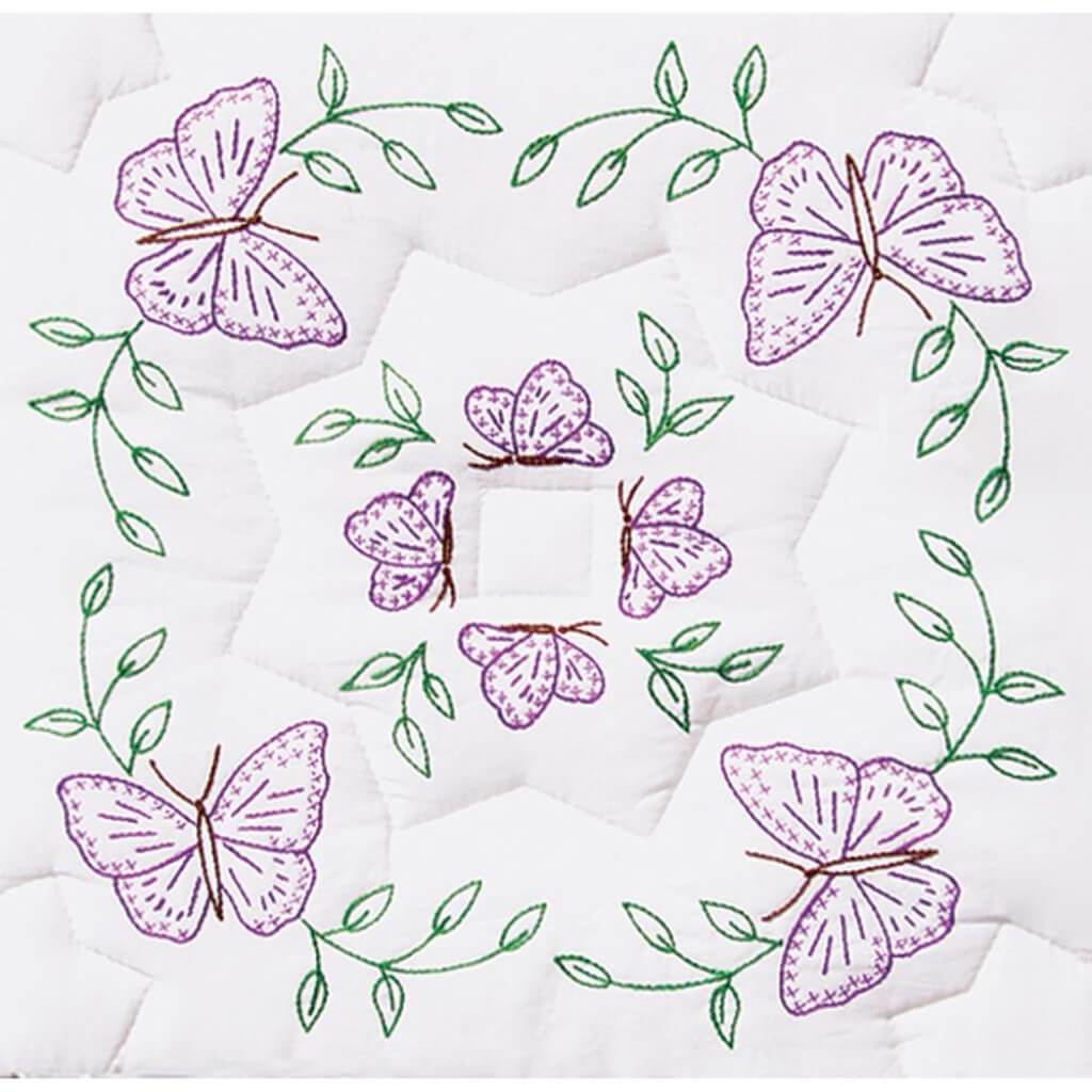 Jack Dempsey Stamped White Quilt Blocks 18in x 18in 6/Pkg Interlocking Circle Of Butterflies