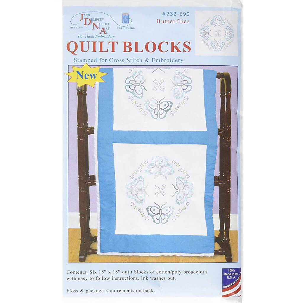 Jack Dempsey Stamped White Quilt Blocks 18in x 18in 6/Pkg Butterflies