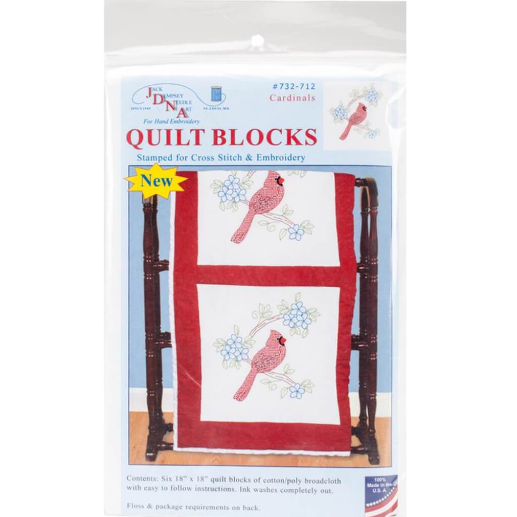 Jack Dempsey Stamped White Quilt Blocks 18in x 18in 6/Pkg Cardinal