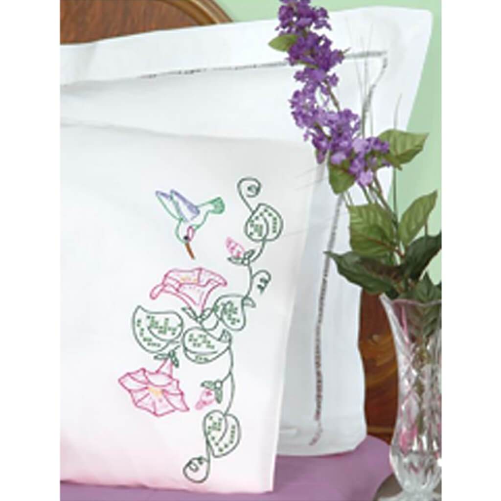 Jack Dempsey Stamped Pillowcases with White Perle Edge 2/Pkg Hummingbird