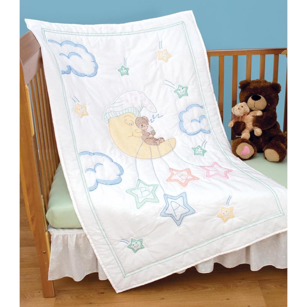 Jack Dempsey Stamped White Quilt Crib Top 40in x 60in Bear On The Moon