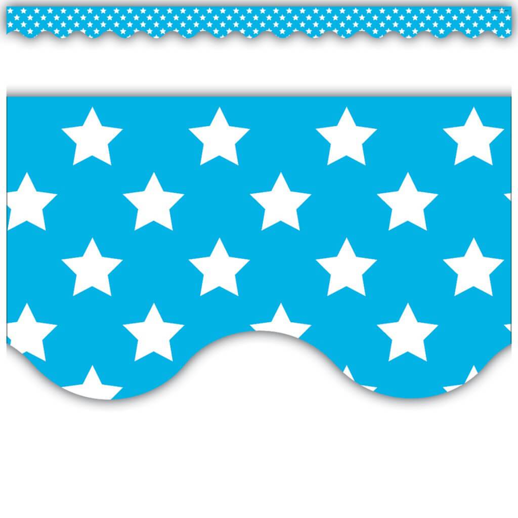 Aqua With White Stars Scalloped Border Trim 