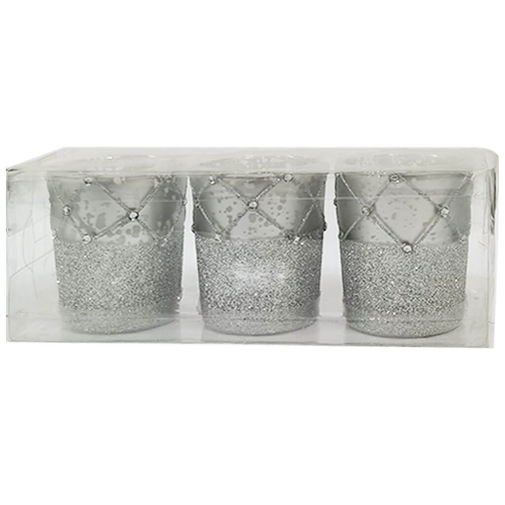 Glitter Glass Holder Diamond Check Silver 2.2 x 2.6 Set of 3