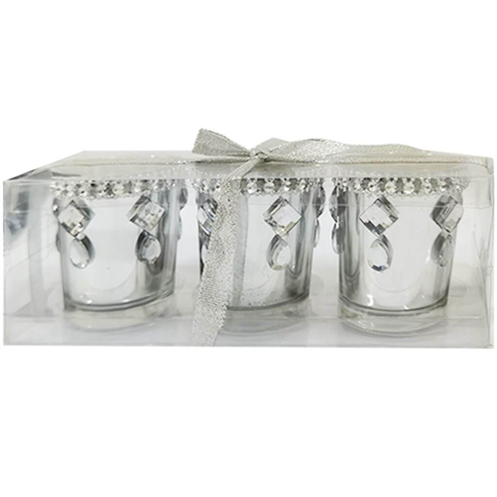 Glass Holder Tealight Diamond Stone &amp; Ribbon 2.2X2.5 Set of 3