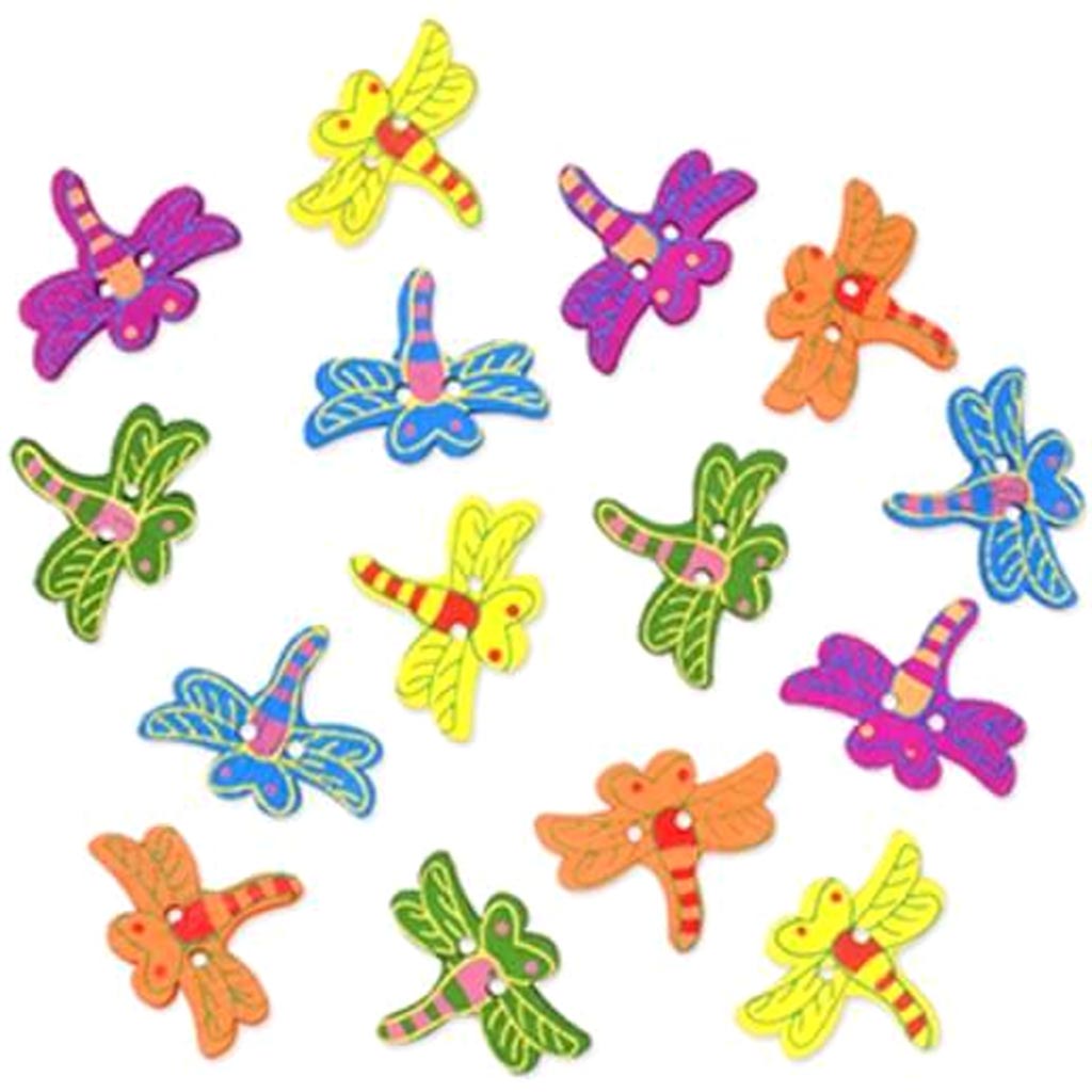 BUTTON EMBELLISHMENT PAINTED WOOD DRAGONFLIES 