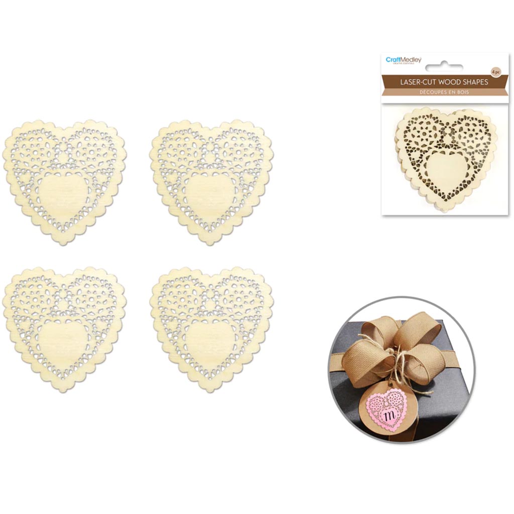 Wood Craft: Laser-Cut Ornate Wood Shapes X4 Heart 8cm 