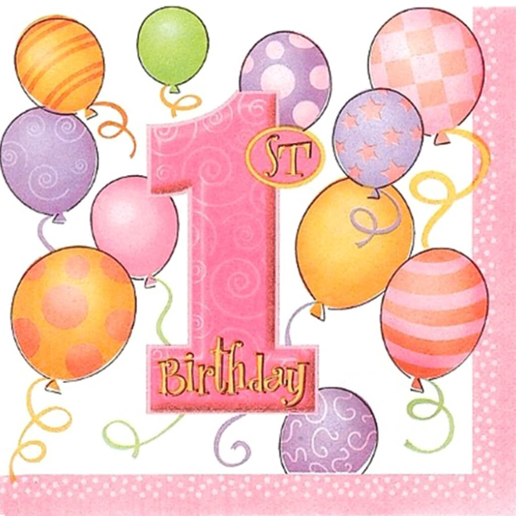 Pink Balloons 1st Birthday Beverage Napkins 16ct