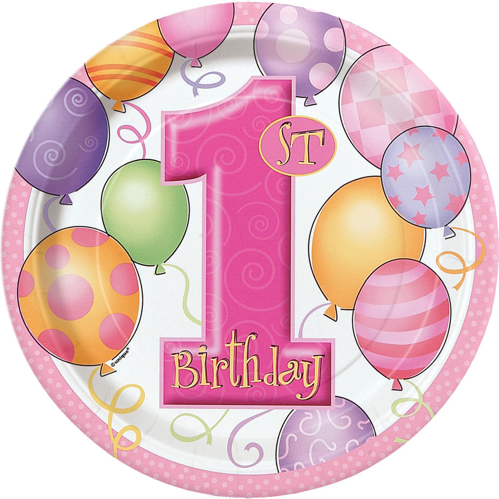 Round Dessert Plates 7in 8ct, First Birthday Pink Balloons 