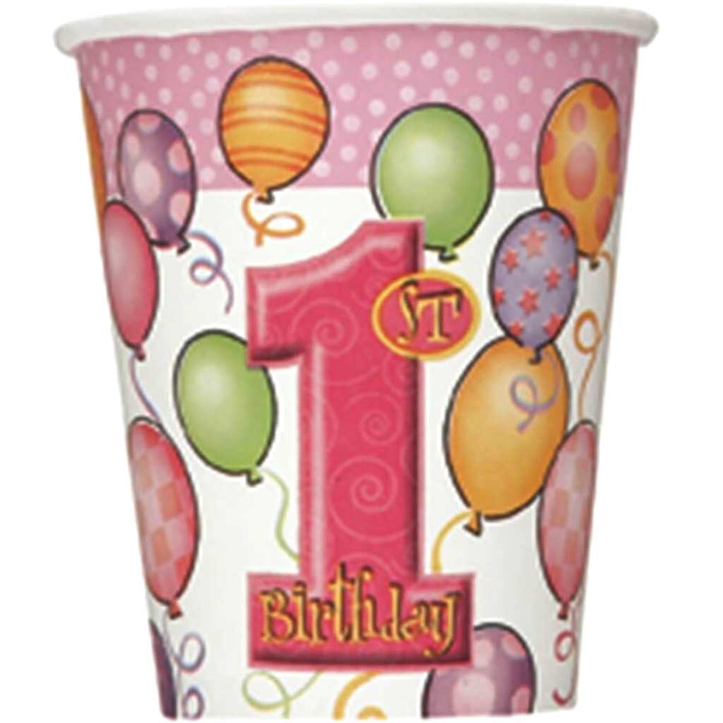 Pink Balloons 1st Birthday 9oz Paper Cups 8 Counts